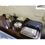 A Clarice cliff jonquil centre piece together with various silver plate ware and two boxes of