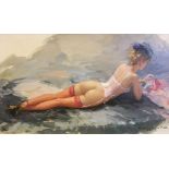 KONSTANTIN RAZUMOV. Framed, signed, oil on canvas, nude female with pink stockings, 23cm x 40cm.