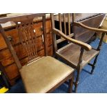 A set of four oak dining room chairs, three splat back chairs, oak elbow chair, two stools.