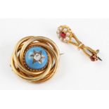 A red paste and split pearl brooch, together with a knot design with enamel and paste set brooch, (