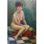 JOHN VILLAGE. Framed, signed, pastel on paper, female nude seated on cushion with fabric, 60.4cm x