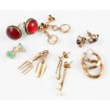 A collection of six pairs of earrings, some gemstone set to include Oriental green hardstone, pearls