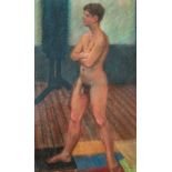 JOHN VILLAGE. Framed, signed, pastel on paper, standing male nude, 71cm x 43cm.