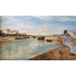Framed, unsigned, oil on canvas, French harbour scene with seated lady, 43cm x 75cm.
