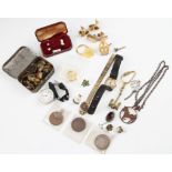 A collection of jewellery and watches and coins, to include a wrist watch case stamped 9ct, (A/F), a