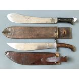 Two machete knives with leather scabbards, one US World War II Legitmimus Collins & Co No. 1250