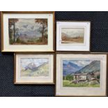 Four framed, watercolour on paper, mountainous landscapes. One by CARL FELKEL, signed, of an
