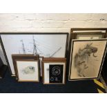 A selection of various framed prints, large gallon prints, two highland watercolours and two oak