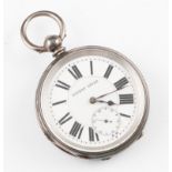 A key wind open face pocket watch, the white enamel dial with hourly Roman numerals, minute track