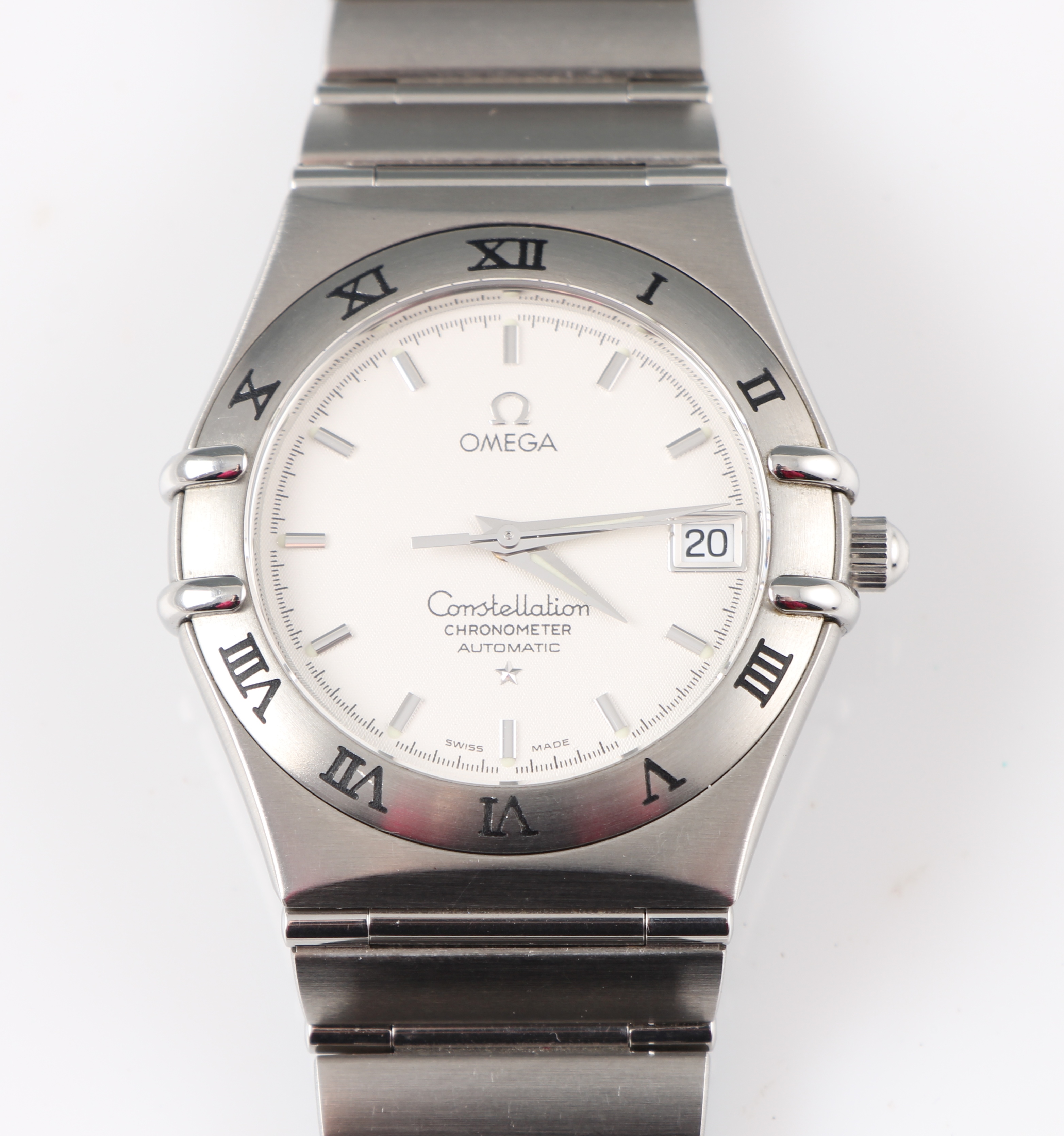*An gents stainless steel Omega Constellation Chronometer automatic wrist watch, the white dial
