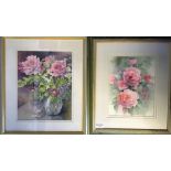 SHIRLEY HARRELL. Two framed, signed, watercolour on paper still life images of flowers, one with a