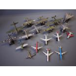 Eighteen toy model commercial and military airplanes, fourteen with a stand, some by Corgi.
