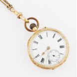 A ladies fob watch, the white enamel dial having hourly Roman numeral markers with minute track