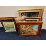 Ten various framed paintings, watercolour, oils, prints.