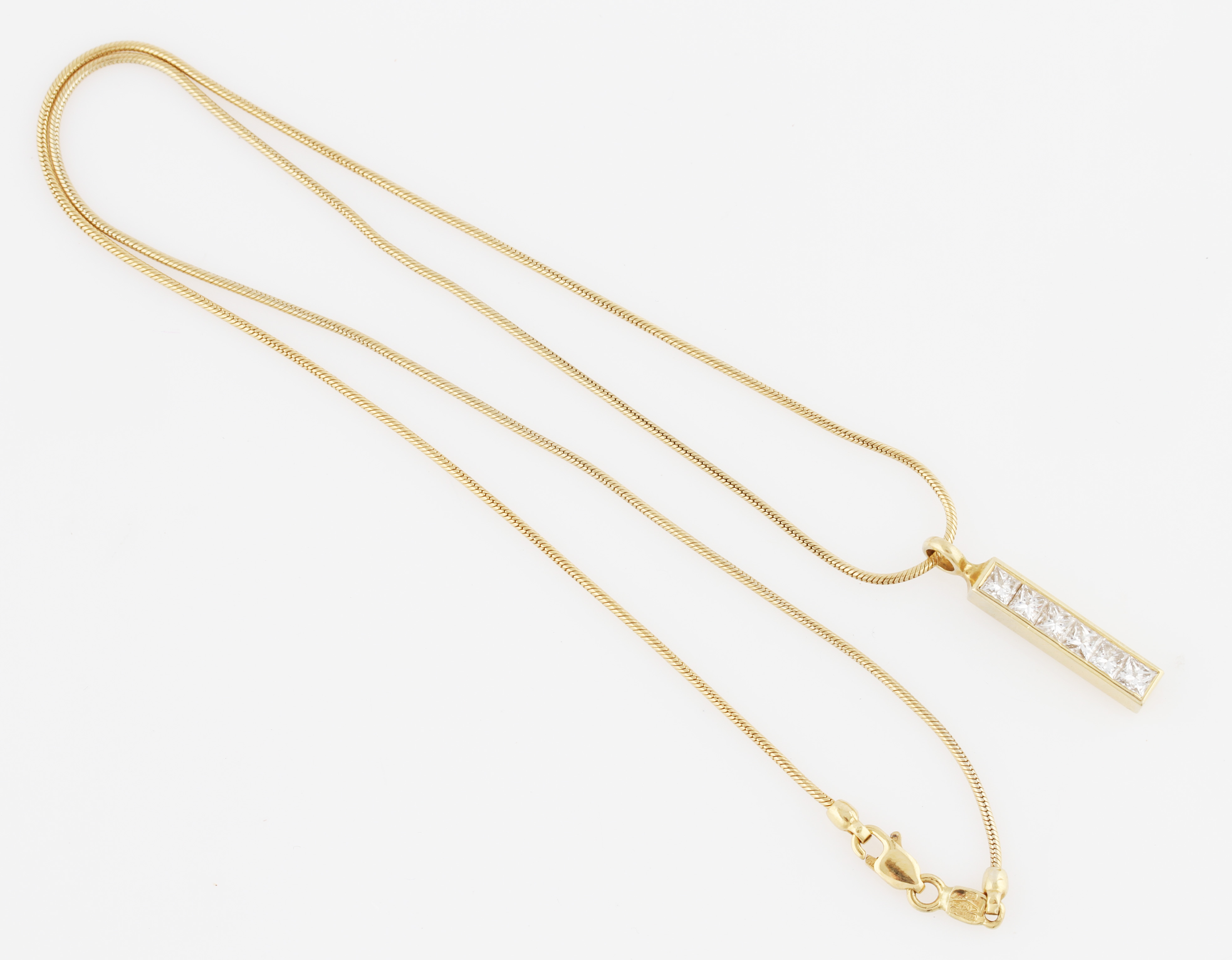 An 18ct yellow gold Theo Fennell Strip diamond pendant, set with six square cut diamonds, hallmarked