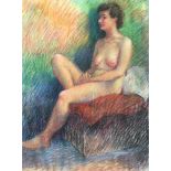 JOHN VILLAGE. Framed, signed, pastel on paper, seated female nude, 61cm x 47cm.