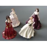 Four Royal Worcester figurines titled 'The Fair Maiden of Astolat', 'Keepsake', 'Charlotte' and '