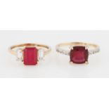 Two 9ct yellow gold ruby rings, set with additional colourless stones, both hallmarked Birmingham,