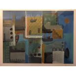 JUDITH MOY. Framed, signed, acrylic and collage on board, abstract harbour scene with boats,