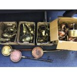 Four boxes of various copperware including three bedpans, various ornaments, kettles, jugs, etc.