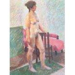 JOHN VILLAGE. Framed, signed, pastel on paper, standing female nude, 60.5cm x 43cm.