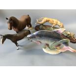 A Jema irridescent fish with a large Beswick shire horse, Beswick Brown horse and Elite pottery