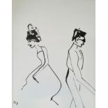 SHEILA BENSON. Framed, signed with initials, ink on canvas, two figures against a white