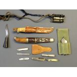 Various militaria items including two daggers, three J. Hudson & Co 1985 whistles and various pen