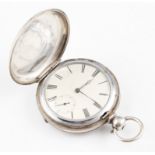 A key wind full hunter pocket watch, the white enamel dial having hourly Roman numeral markers