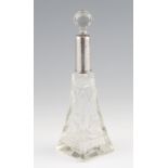 A silver rimmed glass perfume bottle, hallmark rubbed - possibly London 1922.