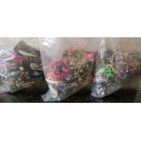 Three bags of costume jewellery to include beads, necklets, bangles, bracelets and earrings etc.