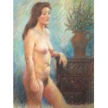 JOHN VILLAGE. Framed, signed, pastel on paper, nude female with flowers, 51cm x 38cm,