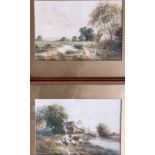 WEATHERLY. Two framed, signed, watercolours on paper, both depicting cottages with sheep scenes,