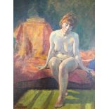 JOHN VILLAGE. Framed, signed and titled ‘Figure Study’, oil on board, seated nude female, 49cm x