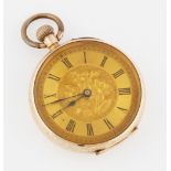 A ladies open face crown wind fob watch, the gold tone dial with hourly Roman numeral markers and