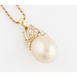 A Chow Tai Fook pearl and diamond pendant, set with an oval pearl measuring approx. 16x14mm,