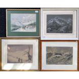 Four framed winter landscapes. Two by E. ATCHERLEY, signed, watercolour on paper; one by E.