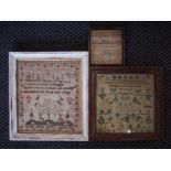Three framed samplers, dated '1807', '1829' and '1838', 39.5cm x 34.5cm, 31.5cm x 31.5cm, and 16cm x