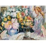 F. SANTILLAN. Two unframed, signed, oil on canvas, ladies with flowers, 60cm x 73cm.