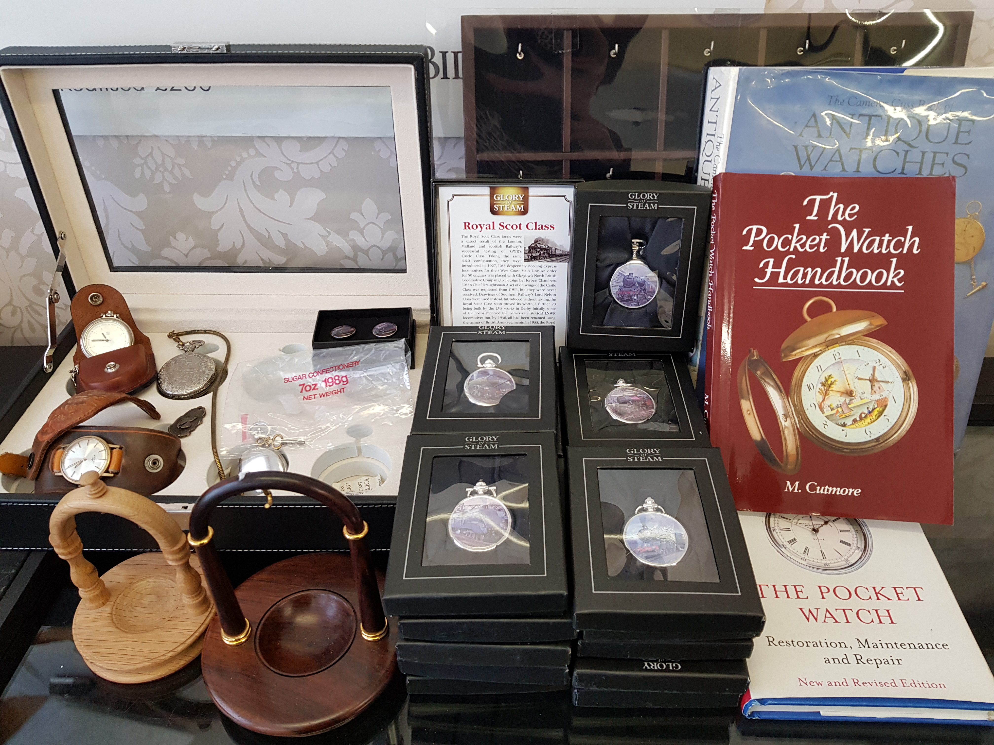 A collection of 20 Glory of Steam collectable pocket watches, along with a pair of Railway