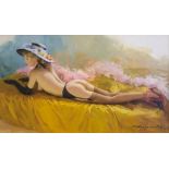 KONSTANTIN RAZUMOV. Framed, signed, oil on canvas, nude female with black gloves, 25.5cm x 44cm.