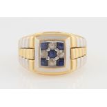 A gents sapphire and colourless stone ring, the square design set with square cut sapphires