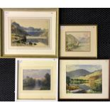 Four framed, watercolour on paper, lakeside landscapes. One attributed to ALEXANDRA P. THOMSON,