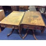 Two mahogany drop down side tables with fitted drawers to end.