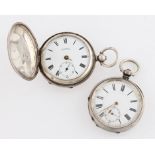 Two silver pocket watches, one open face crown wind, stamped 935, the other full hunter key wind,