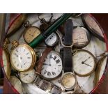 A collection of various pocket watches, wrist watches, a pocket watch chain and keys.