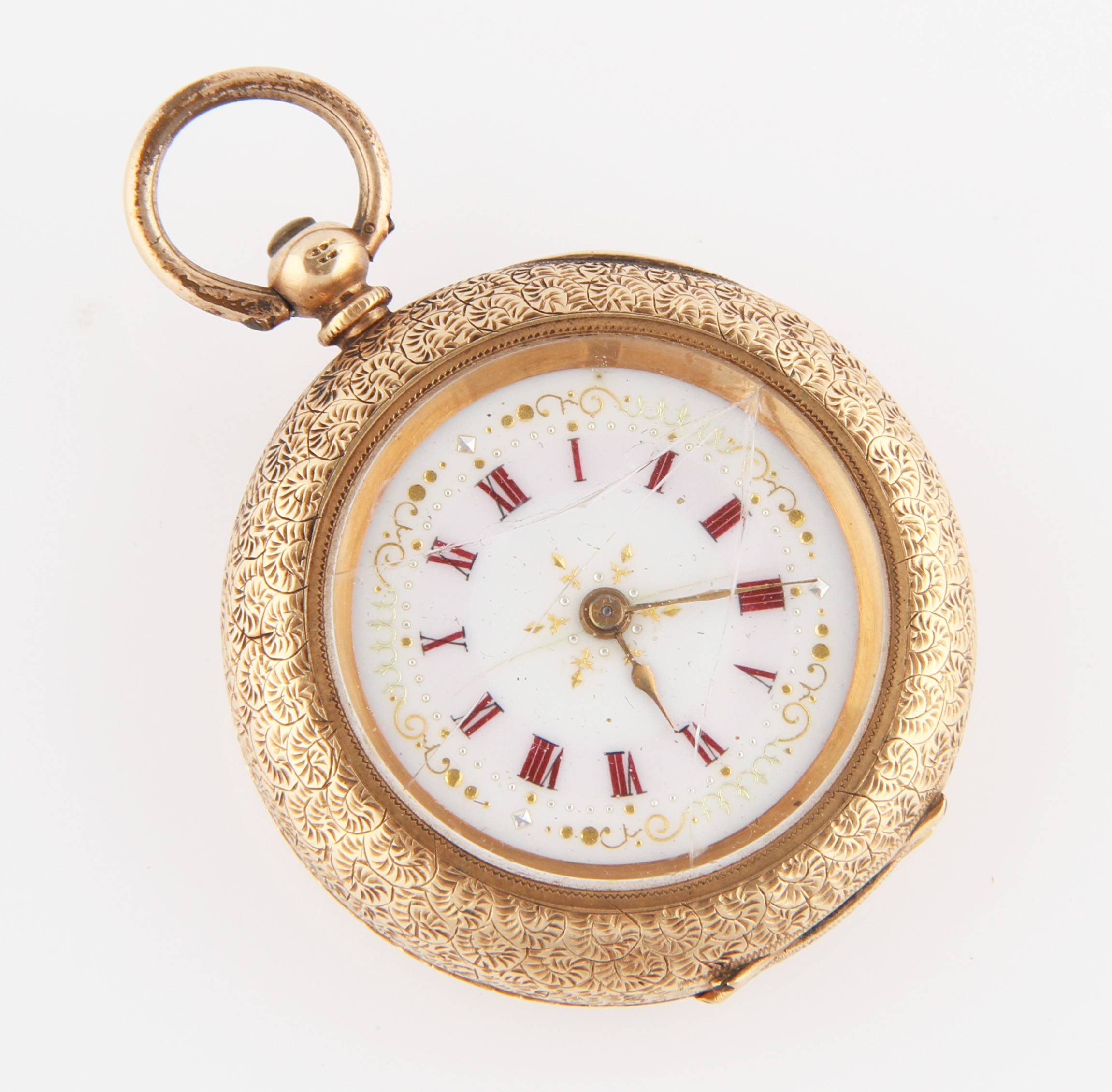 A ladies fob watch, the white enamel dial having hourly Roman numeral markers with minute track