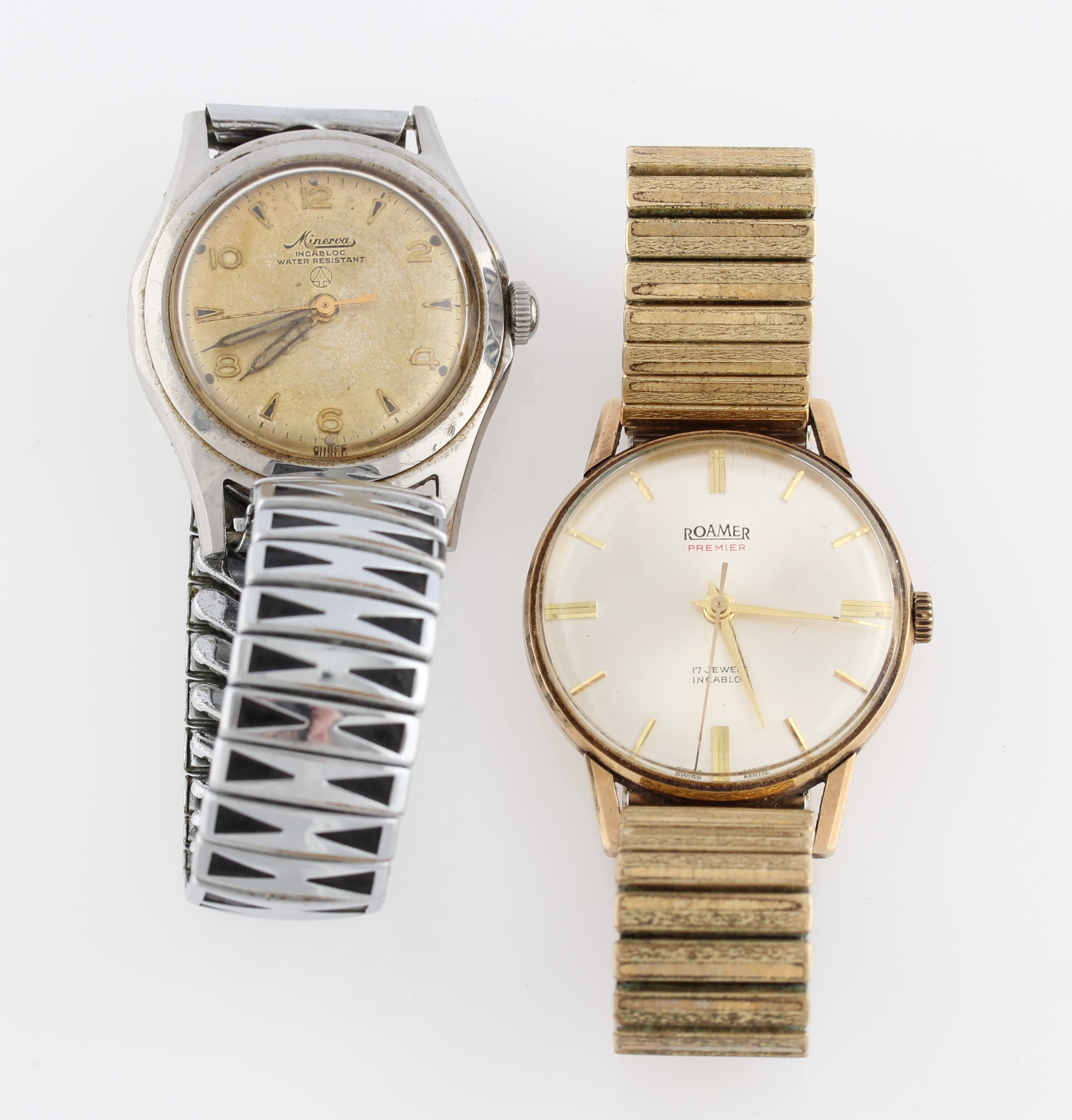 A Roamer wrist watch, together with a stainless steel Minerva Incabloc wrist watch, (2).