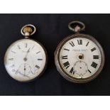 Two silver pocket watches, both open face, one crown wind, hallmarked Chester 1908, the other key