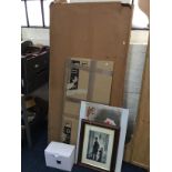 Lot to contain parts of a child's snooker table set, a metal vintage Fiat poster, and a framed print